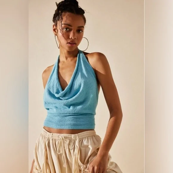 FREE PEOPLE Iris Open Back Knit Halter Sweater In Splash (Sky Blue) Sz M/L ✨NWT✨ - Picture 1 of 6